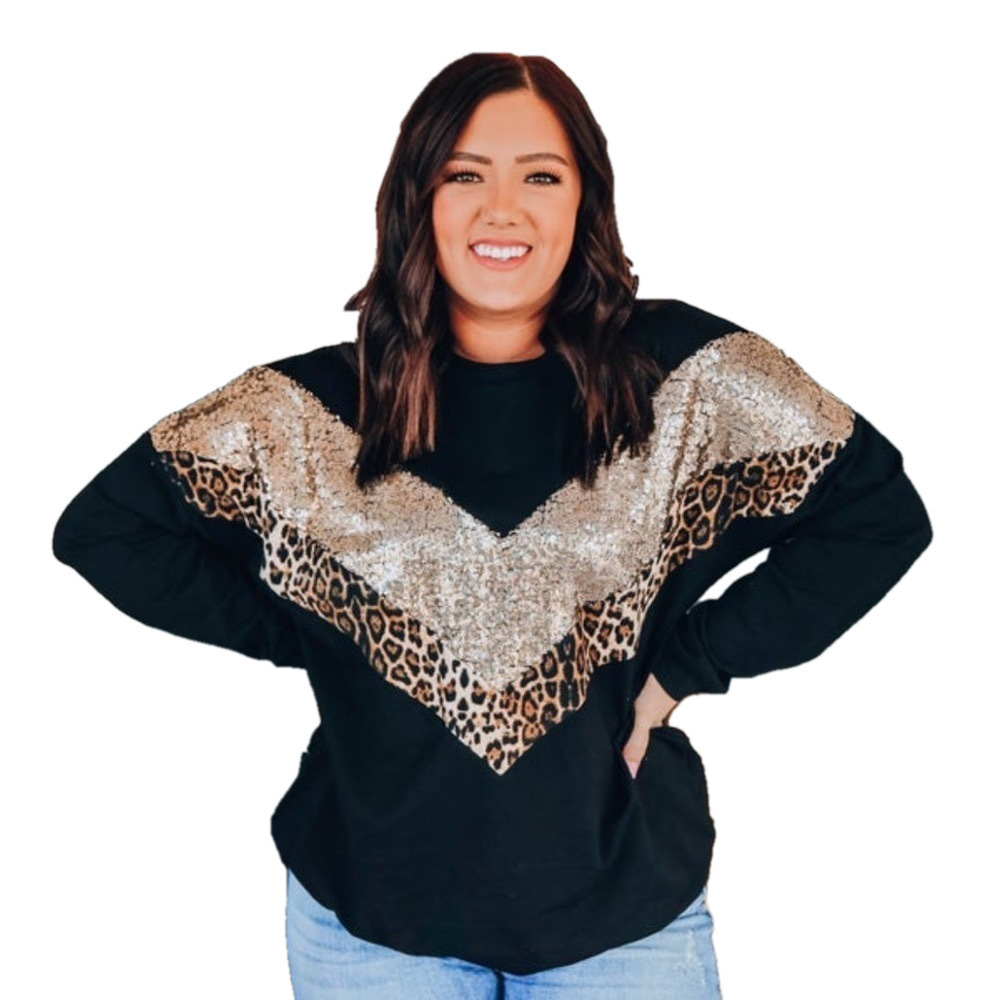 Fsl Apparel Black Leopard Sequin Long Sleeve Top Small NWY